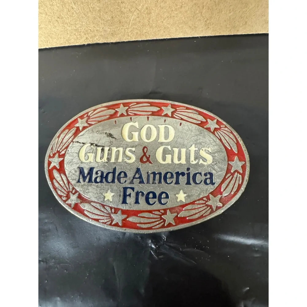 Vintage 1978 Great American Buckle Co God Guns Guts Belt Buckle 414 Patriotic